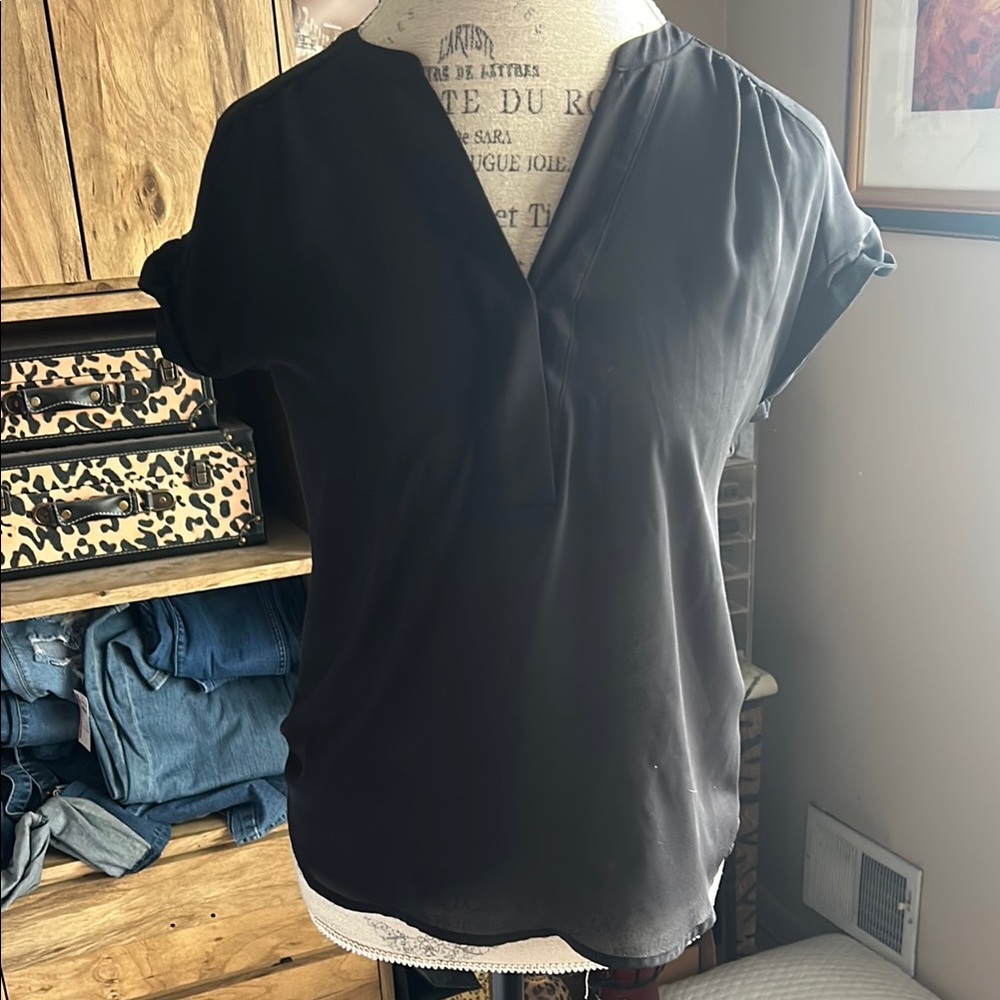 Apt. 9 Gray Mandarin Collar Cuffed Sleeve Blouse - PXS